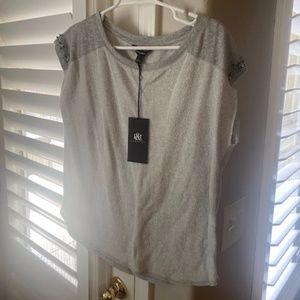 Rock & Republic Gray Terry Shirt with Beaded  Short Sleeve Detail Large